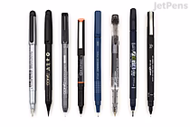 A set of seven black and blue pens arranged horizontally on a white background, labeled as the JetPens Copic-Proof Pen Sampler. The pens vary in design and tip style, including fine liners, brush pens, and technical pens.