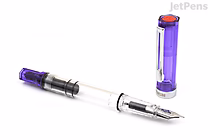 A TWSBI ECO transparent purple fountain pen with its cap removed and placed upright beside it. The pen features a clear barrel, a purple grip section, and an extra fine nib.
