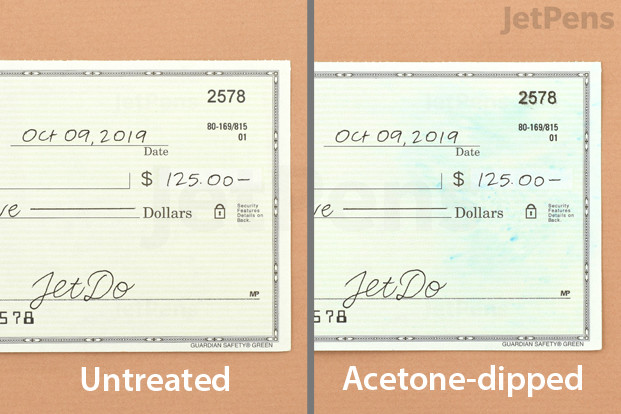 Before and after of a check written with the Zebra Sarasa Mark On Gel Pen, dipped in acetone. The ink showed no effect.