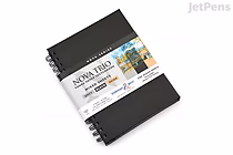 A Stillman & Birn Nova Sketchbook, wirebound with a black cover, measuring 6 by 8 inches. The label around the sketchbook shows the brand name, product line "Nova Trio," and mentions it is suitable for mixed media.