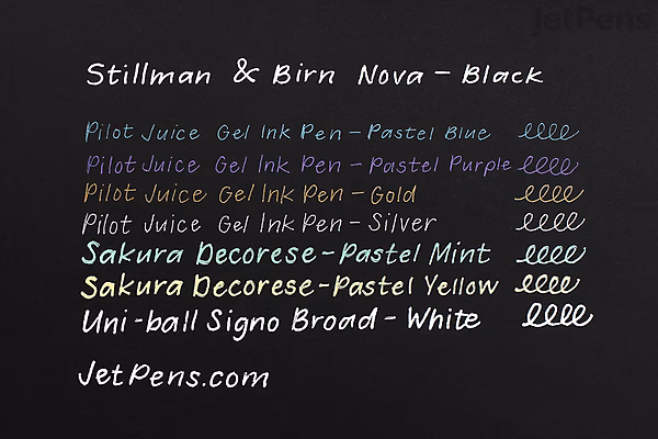 Close-up of a Stillman & Birn Nova wirebound sketchbook page showing handwritten ink pen color tests and labels for various Pilot Juice, Sakura Decorese, Uni-ball Signo, and JetPens pens.