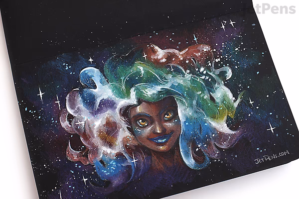 Cover of a Stillman & Birn Nova Sketchbook featuring a colorful, cosmic-themed illustration of a woman's face with flowing hair resembling nebulae and stars against a dark background.