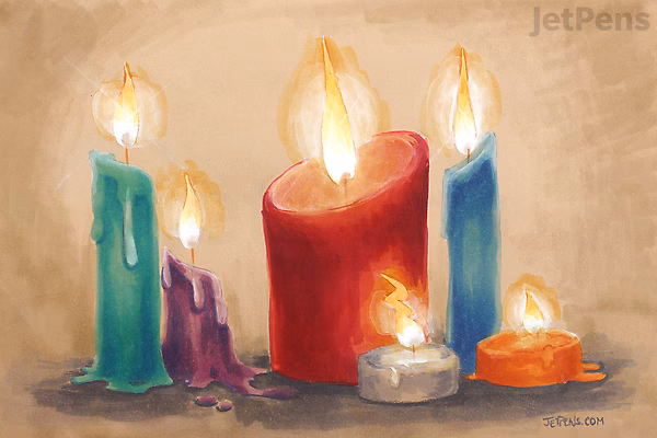 Painting of five lit candles of various sizes and colors, with melting wax dripping down the sides, set against a warm, softly glowing background.