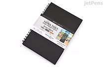 Two Stillman & Birn Nova Sketchbooks, wirebound, 7 by 10 inches, with black covers and a label around them showing product information and an image of a painting.