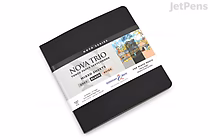 A closed Stillman & Birn Nova Sketchbook with a soft black hardcover, measuring 7.5 by 7.5 inches, shown at an angle on a white background. The label around the sketchbook indicates it is part of the Mixed Trio series.