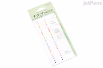 A package of Midori Chiratto small index tabs with numbers 1 to 12 printed on them in different colors. The tabs are arranged in a vertical row on a white backing card with green and white packaging. The text on the package is in Japanese and English.