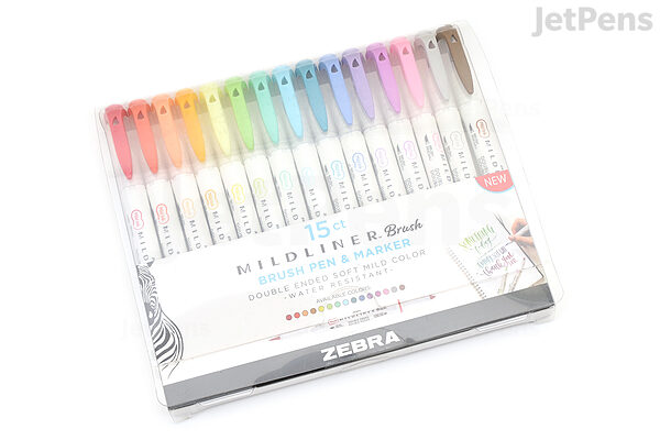 Zebra Pen Mildliner Double Ended Brush and Fine Tip Pen, Assorted Colors, 15-Count