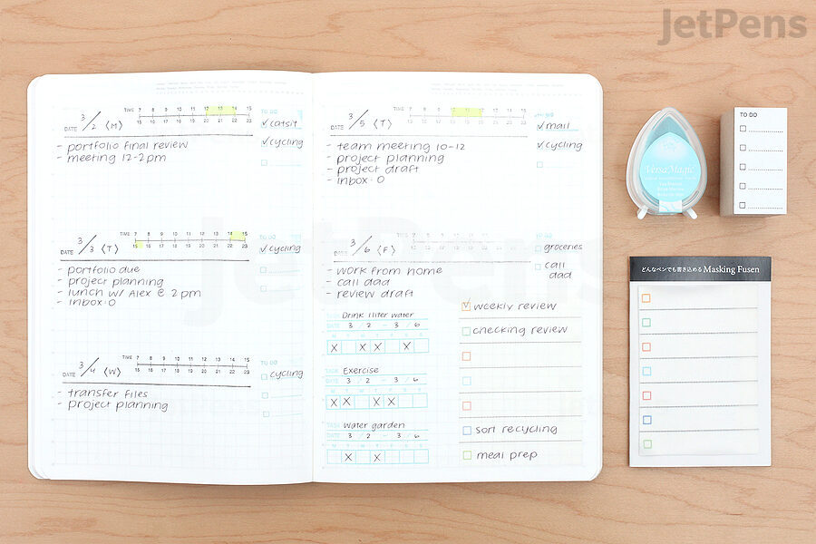 Make a weekly spread with stamps and sticky notes.
