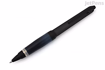 Black Uni Jetstream ballpoint pen with a 0.7 mm tip and a translucent Alpha Gel grip near the writing end.