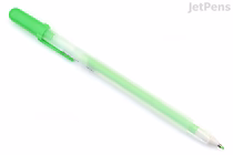 A Sakura Gelly Roll Moonlight gel pen with a 1.0 mm tip in fluorescent green. The pen has a translucent green barrel and a matching green cap.