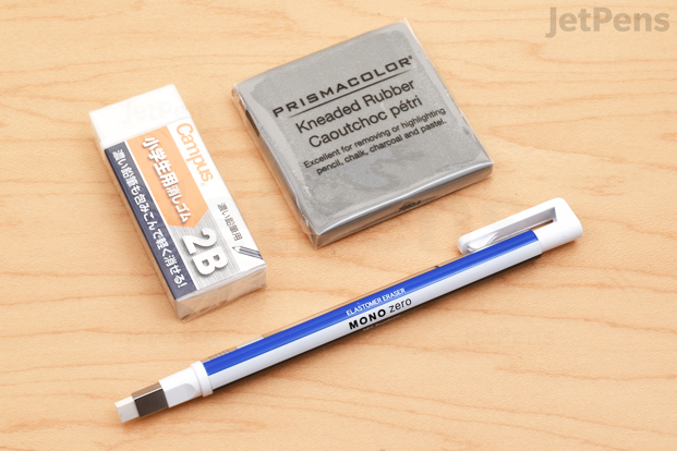Prismacolor Kneaded Rubber Erasers lighten specific areas of color, while the Kokuyo Campus Student Eraser For 2B Lead removes larger patches.