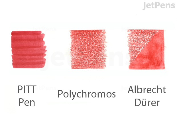Swatches of the same color of PITT Artist Pens, Polychromos Colored Pencils, and Albrecht Dürer Watercolor Pencils, showing that the colors match extremely well.