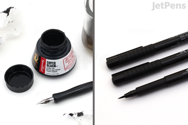 A two part image. The left side shows supplies needed to use bottled India ink: a dip pen nib, nib holder, open bottle of ink, ink-stained paper towel, and container of water. The right side shows three Faber-Castell PITT Artist Pens.