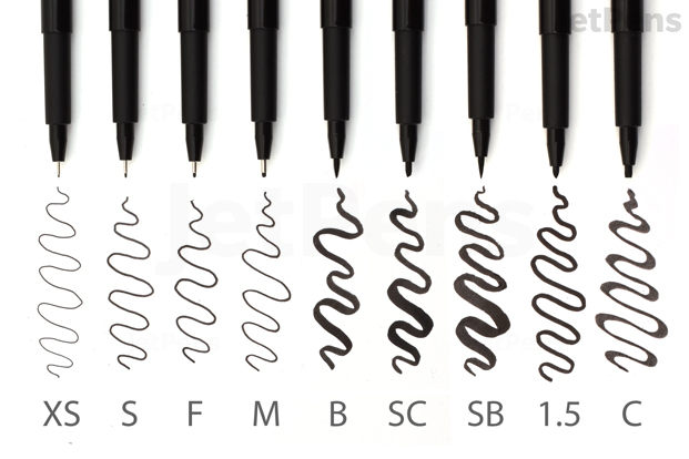 Every tip size and type of Faber-Castell PITT Pen lined up, uncapped, with squiggles demonstrating the marks each pen makes.