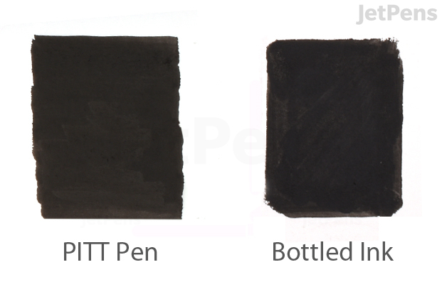 A swatch of Faber-Castell PITT Pen ink next to a swatch of bottled India ink. Both are equally dark and pigmented.