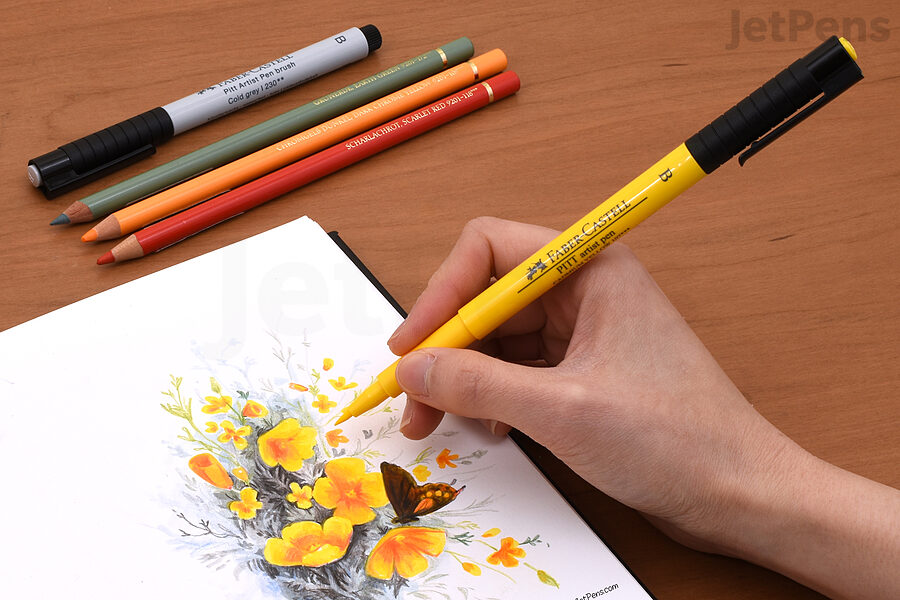 A drawinng of flowers made in a Stillman & Birn Zeta sketchbook with Faber-Castell PITT Artist Brush Pens and Faber-Castell Polychromos Colored Pencils.