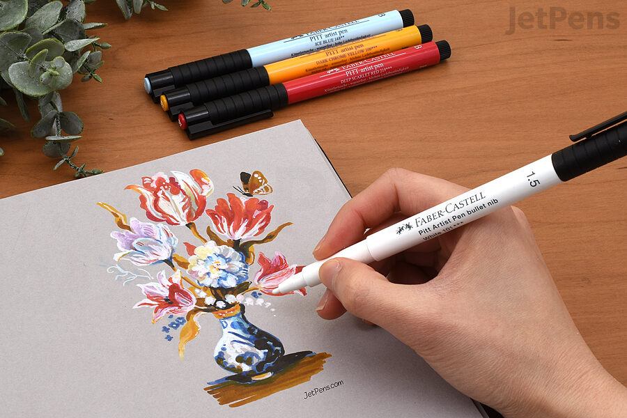 A sketch of a vase of flowers made in a Stillman & Birn Nova Sketchbook with Faber-Castell PITT Artist Soft Brush Pens and standard Faber-Castell PITT Artist Pens.