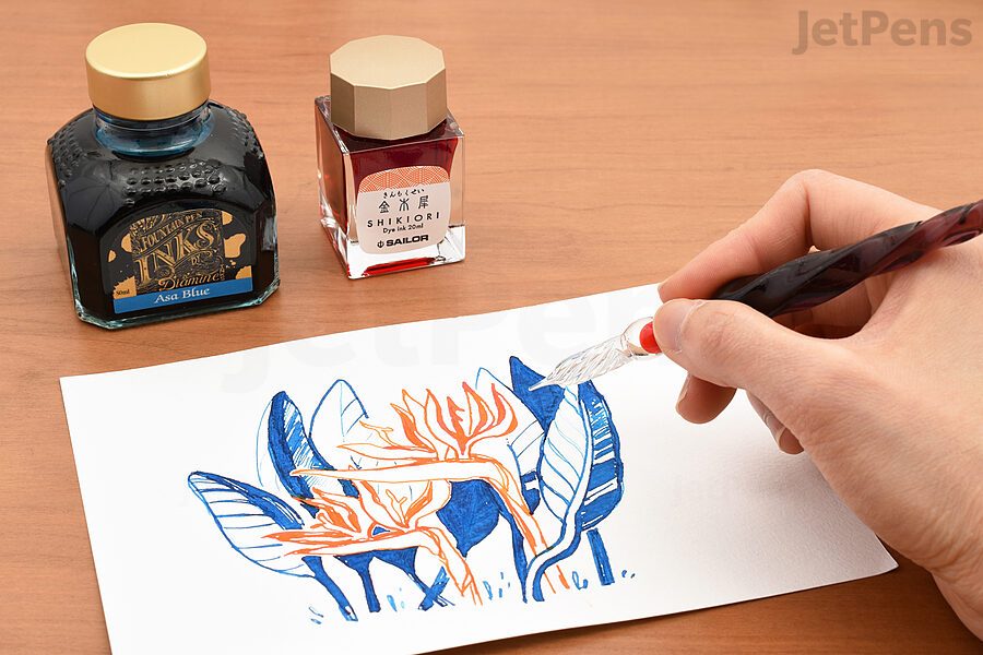 Glass pens make it easy to incorporate multiple inks.