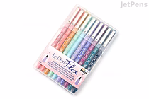 Set of 10 Marvy Le Pen Flex Brush Pens in pastel colors, arranged neatly in a clear plastic case with a label on the front.