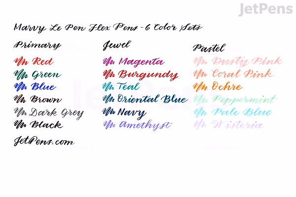 Image showing handwritten color samples of Marvy Le Pen Flex Brush Pen 6-color set in primary, jewel, and pastel tones, demonstrating the pen's brush stroke style and color vibrancy on white paper.