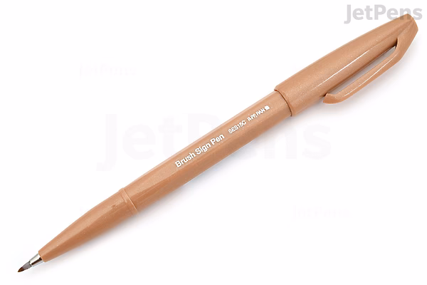 Image of a Pentel Fude Touch Brush Sign Pen in pale brown color with a fine brush tip and a matching pale brown cap.