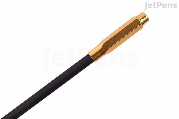 A sleek black pencil topped with a gold-colored Blackwing Point Guard Pencil Cap, Vol. 20 Limited Edition, designed to protect the pencil tip.