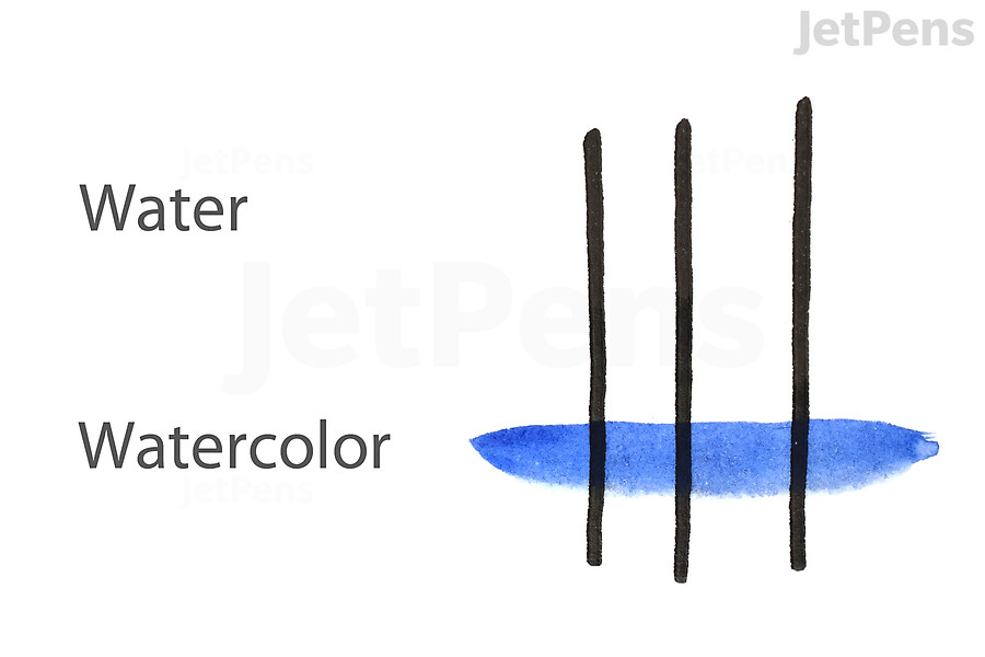 Water and watercolor brushed over waterproof ink lines, which are unaffected.