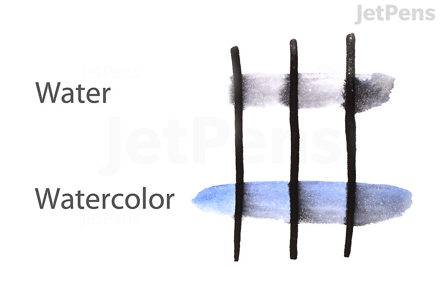 Water and watercolor brushed over water-soluble ink lines, which bloom and bleed.