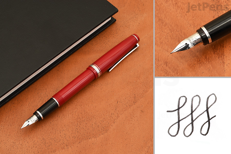 Image of pen on table, closeup on nib, and writing sample.