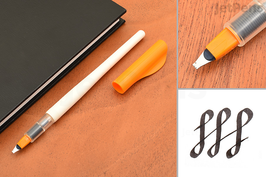 Image of pen on table, closeup on nib, and writing sample.