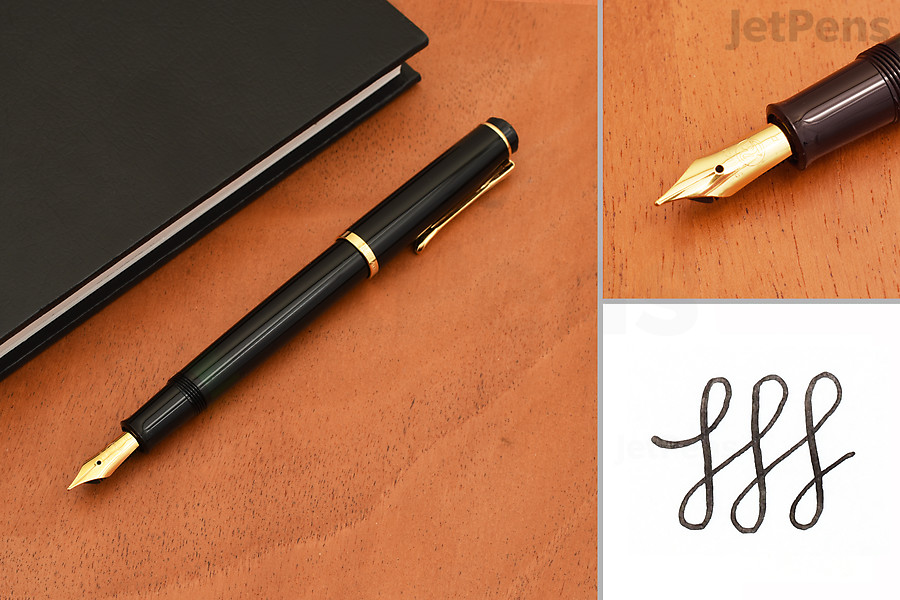 Image of pen on table, closeup on nib, and writing sample.