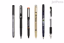 Six different waterproof pens and markers arranged in a row on a white background, showcasing a variety of pen styles and tip types.