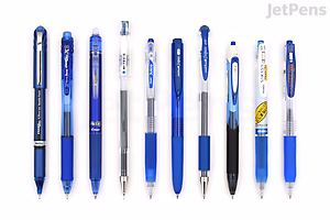 A lineup of ten blue gel pens arranged horizontally on a white background, showcasing various designs and shades of blue ink, labeled as a JetPens Blue Gel Pen Sampler.