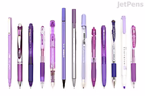 A lineup of twelve purple pens and mechanical pencils arranged horizontally on a white background, showcasing various shades of purple and different pen designs, including retractable ballpoints, capped gel pens, and mechanical pencils.
