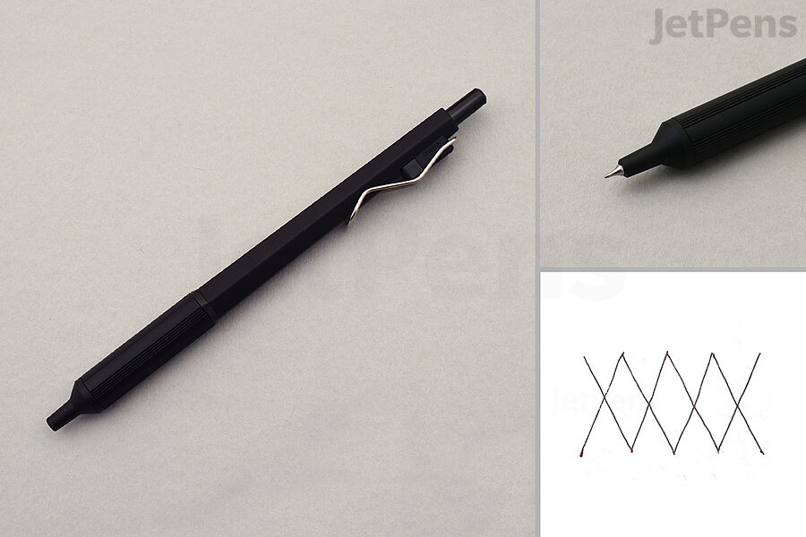 Split image of pen lying on table, close-up of tip, writing sample.