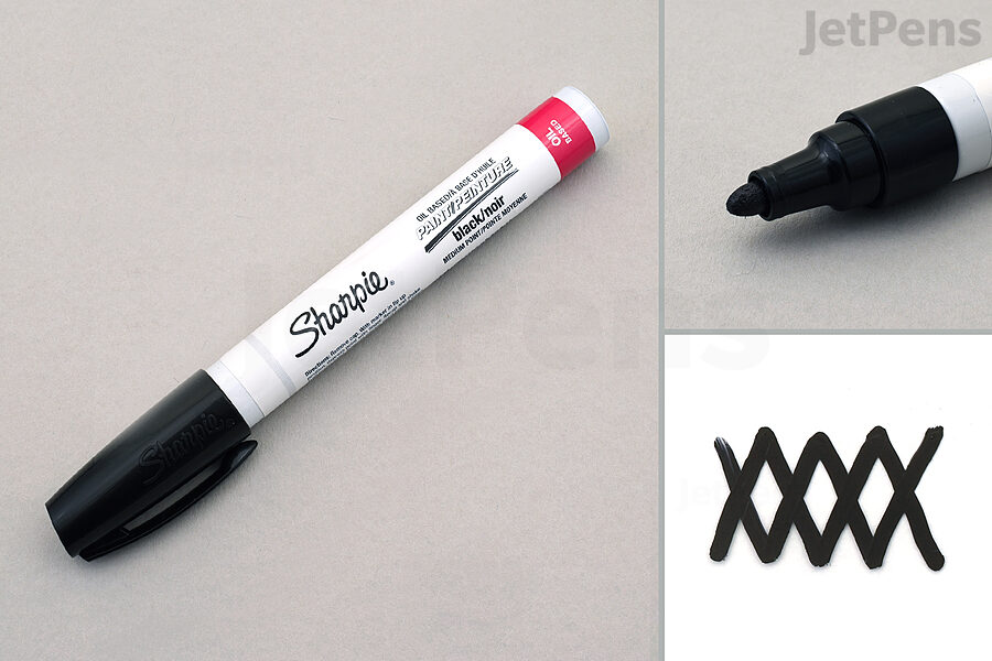 Split image of pen lying on table, close-up of tip, writing sample.