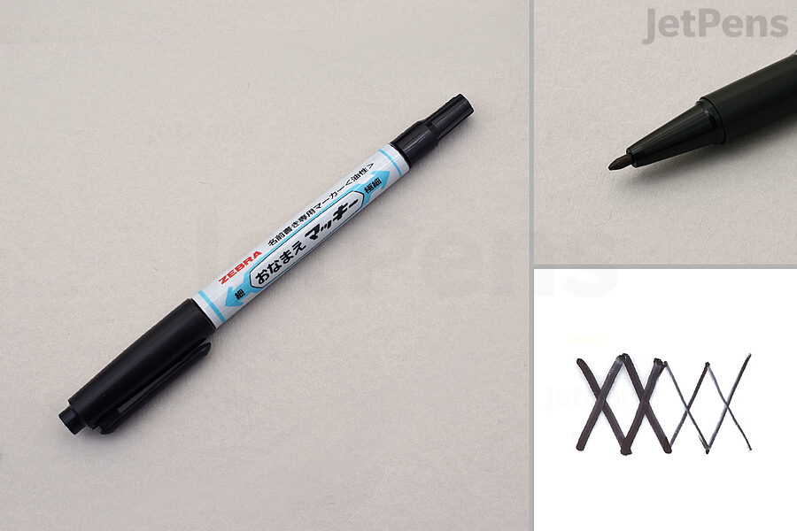 Split image of pen lying on table, close-up of tip, writing sample.