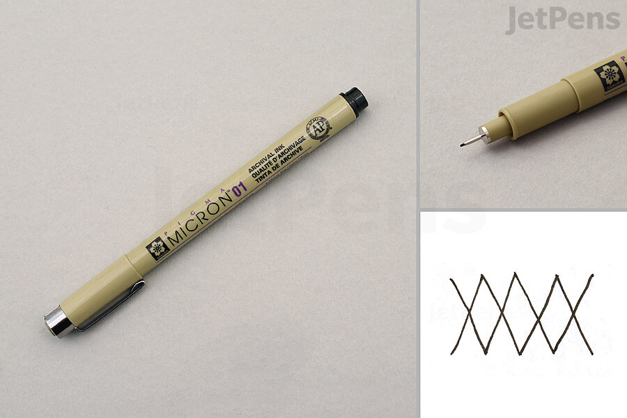 Split image of pen lying on table, close-up of tip, writing sample.
