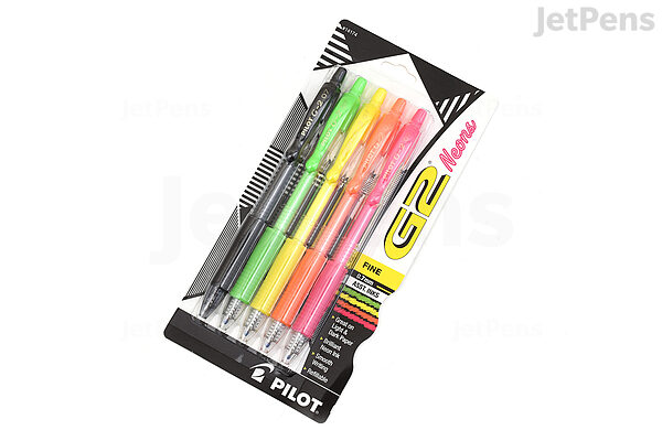 Pilot G2 Neon Retractable Gel Pen, Fine 0.7 mm, Assorted Neon Ink/Barrel, 5/Pack