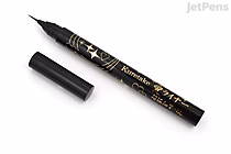 A Kuretake Ai Liner Brush Pen in black with its cap removed, showing the ultra-fine brush tip. The pen has gold decorative text and designs on its black body.