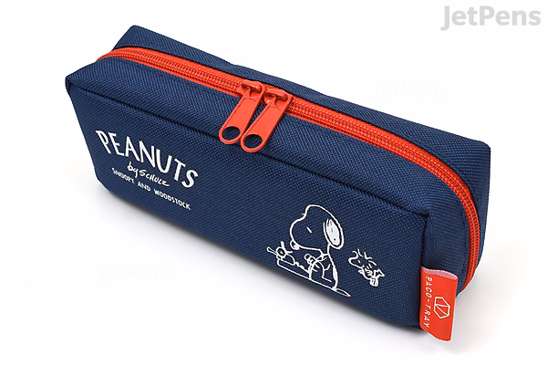 Navy blue rectangular pencil case with red zipper featuring a white outline illustration of Snoopy lying on his doghouse and the text "PEANUTS" on the side.