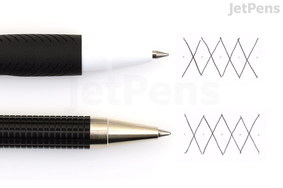 Two ballpoint pens with writing samples that have been brushed over with water.