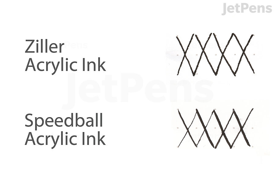 Two acrylic dip pen inks with writing samples that have been brushed over with water.