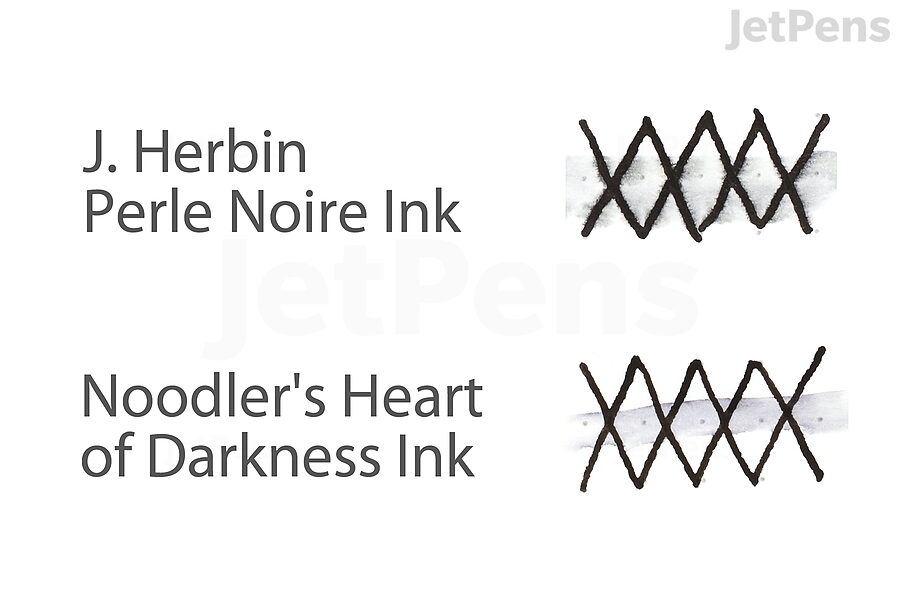 Two dye-based fountain pen inks with writing samples that have been brushed over with water.