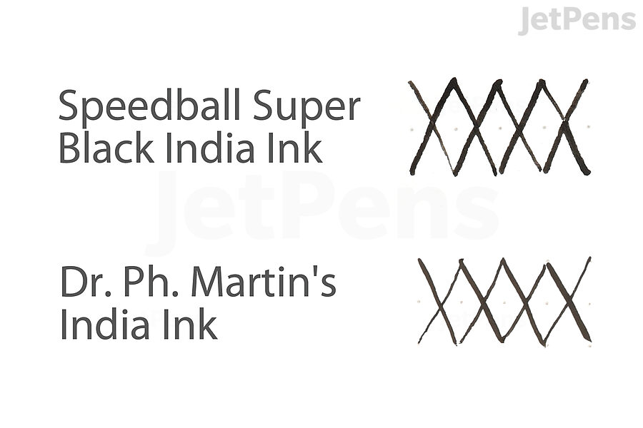 Two India inks with writing samples that have been brushed over with water.