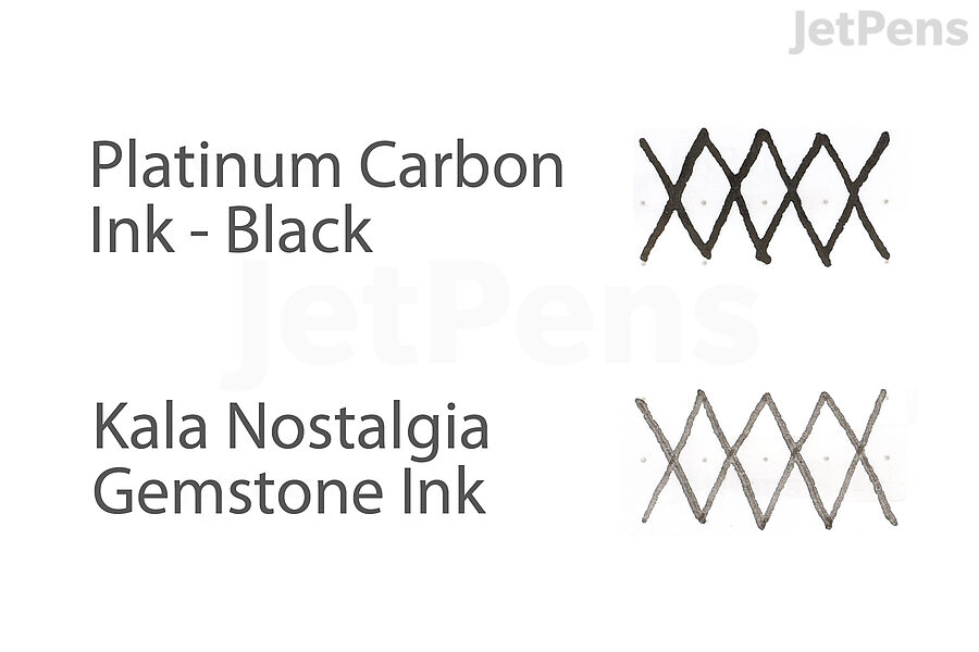 Two pigment-based fountain pen inks with writing samples that have been brushed over with water.