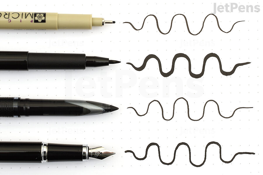 A selection of pigment-based pens, caps off, pointing at wavy lines drawn by these pens.