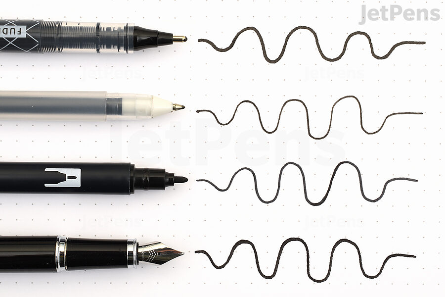 A selection of water-based pens, caps off, pointing at wavy lines drawn by these pens.