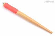 A Tachikawa T-36 nib holder with a natural wooden body and a bright pink grip at the top.