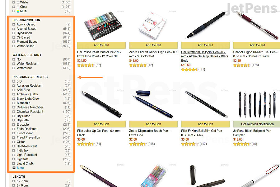 Screenshot of left-hand navigation facets from a JetPens.com product category page, showing options for Ink Composition, Water-Resistant, and Ink Characteristics.